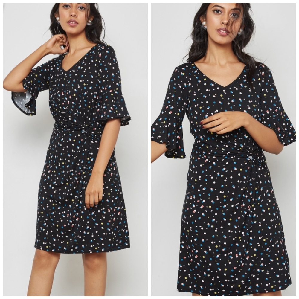 Yumi Flute Sleeves Multicolor Blue Dots Dress XL